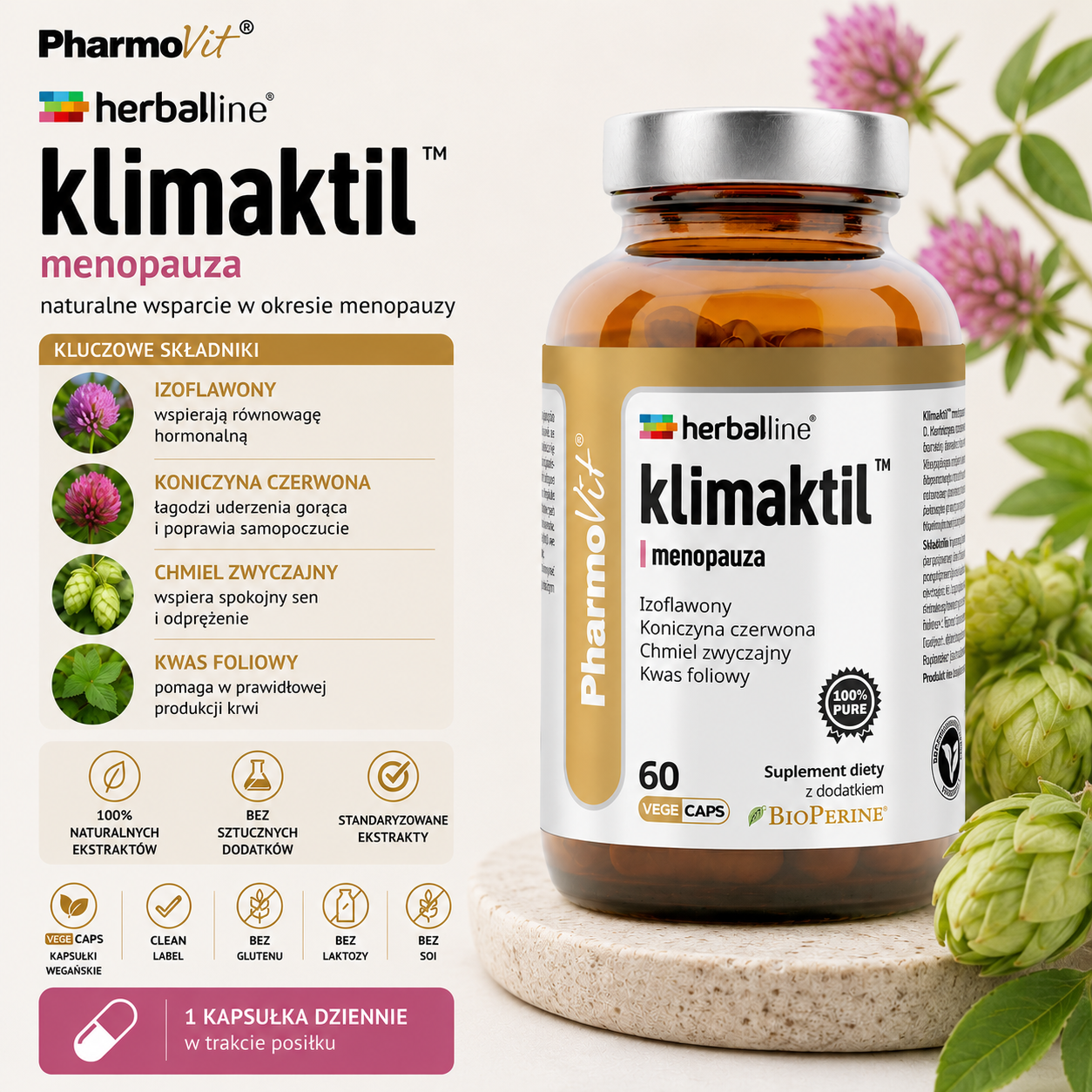 PharmoVit Herballine Klimaktil™ Menopauza – suplement diety, 60 kapsułek wegańskich, z izoflawonami, koniczyną czerwoną, chmielem zwyczajnym i kwasem foliowym.