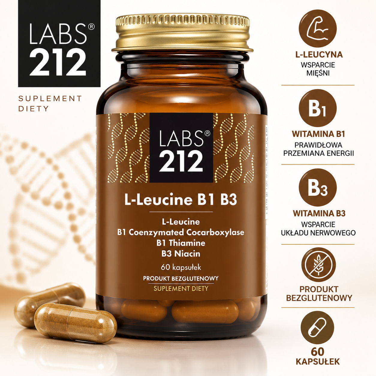 LABS 212 L-Leucine B1 B3 – suplement diety, 60 kapsułek, zawierający L-leucynę oraz witaminy B1 i B3, produkt bezglutenowy.