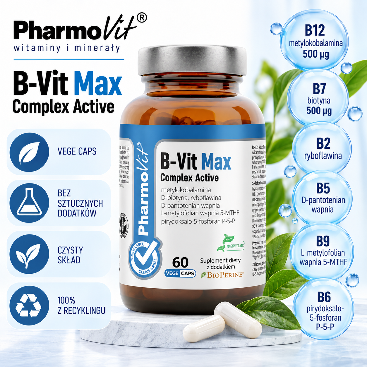 PharmoVit B-Vit Max Complex Active – suplement diety, 60 kapsułek wegańskich, kompleks witamin z grupy B w aktywnych formach, z Magnafolate® i BioPerine®.