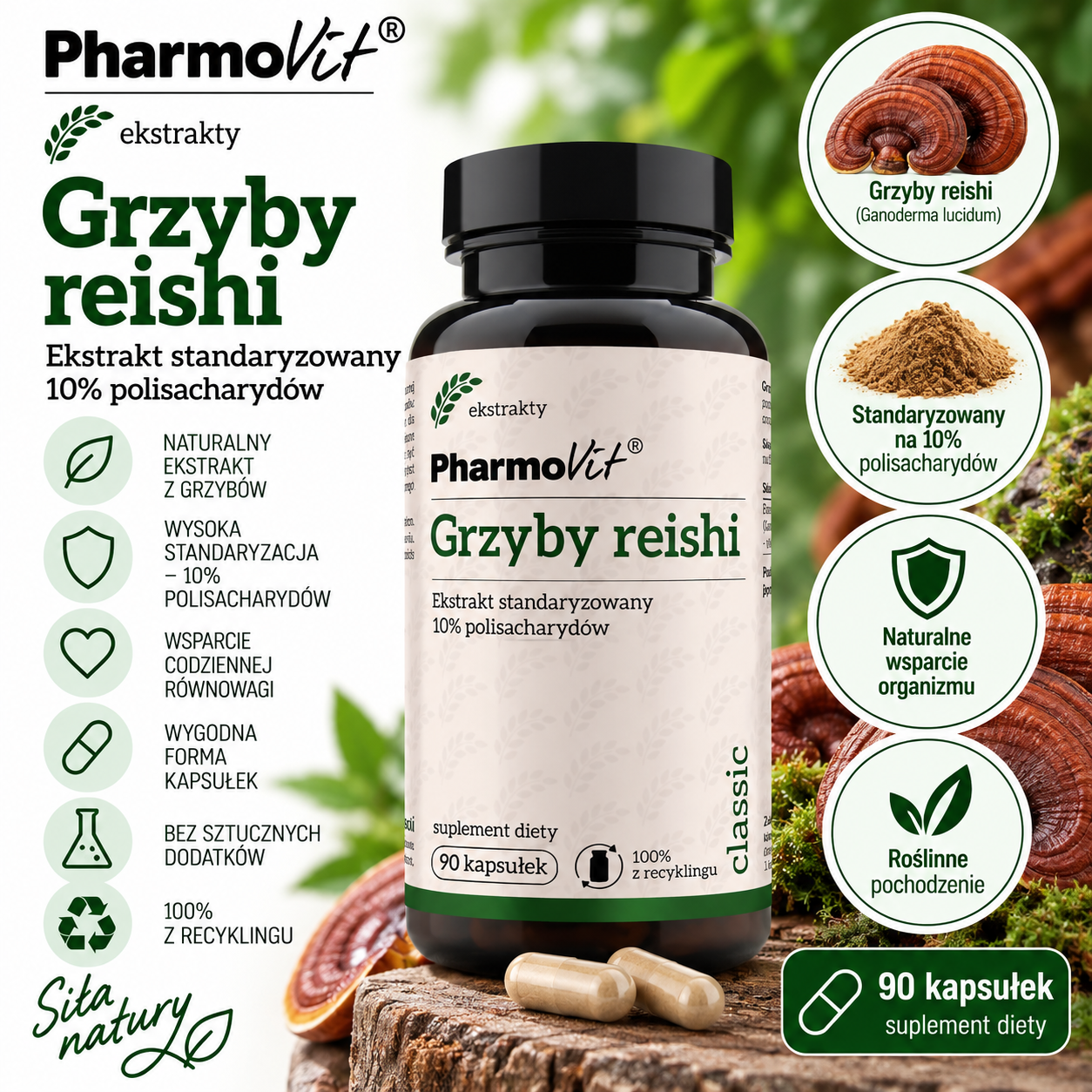 PharmoVit Grzyby reishi – suplement diety, 90 kapsułek, zawierający ekstrakt z grzybów reishi standaryzowany na 10% polisacharydów.