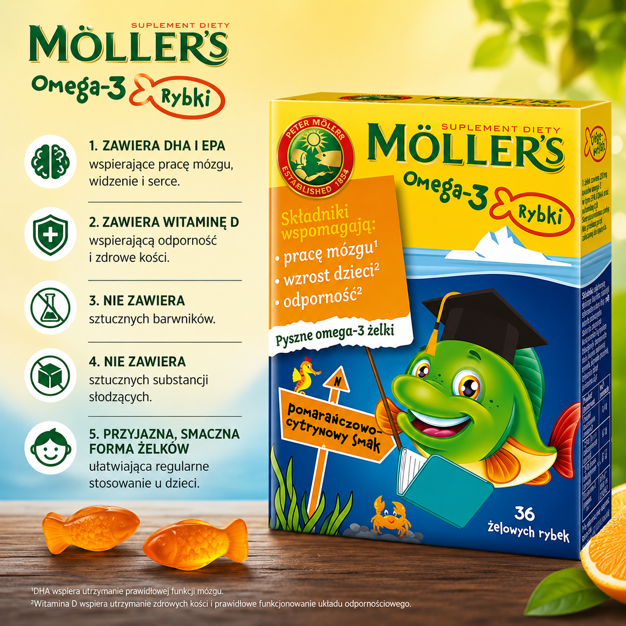 Möller’s Omega-3 Rybki, 36 żelków dla dzieci z DHA, EPA i witaminą D, bez sztucznych barwników i substancji słodzących, o smaku pomarańczowo-cytrynowym.