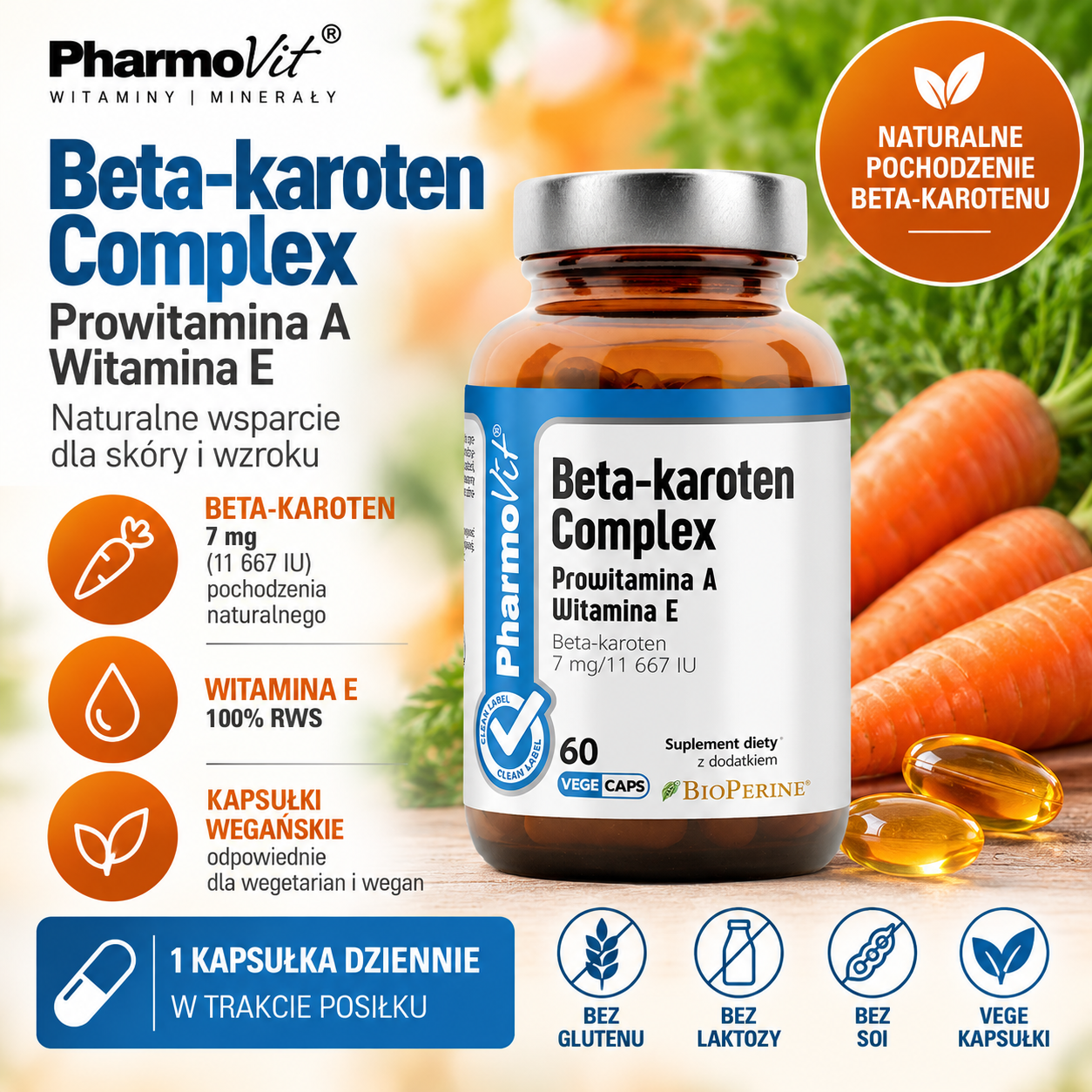 PharmoVit Beta-karoten Complex – suplement diety, 60 kapsułek wegańskich, zawierający 7 mg beta-karotenu oraz witaminę E, 100% RWS.
