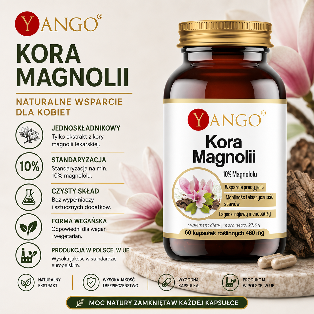 Butelka suplementu diety Yango Kora Magnolii z informacjami o składzie, korzyściach i produkcji w tle z kwiatem magnolii.
