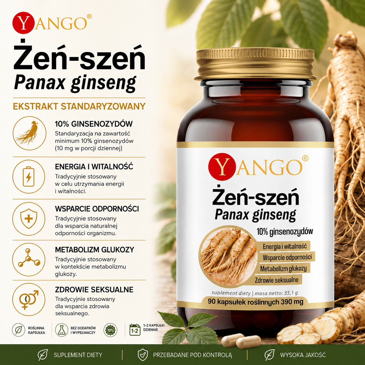 Opakowanie suplementu diety Yango Żeń-szeń Panax ginseng, zawierającego 90 kapsułek roślinnych. Informacje o korzyściach zdrowotnych z żeń-szenia.