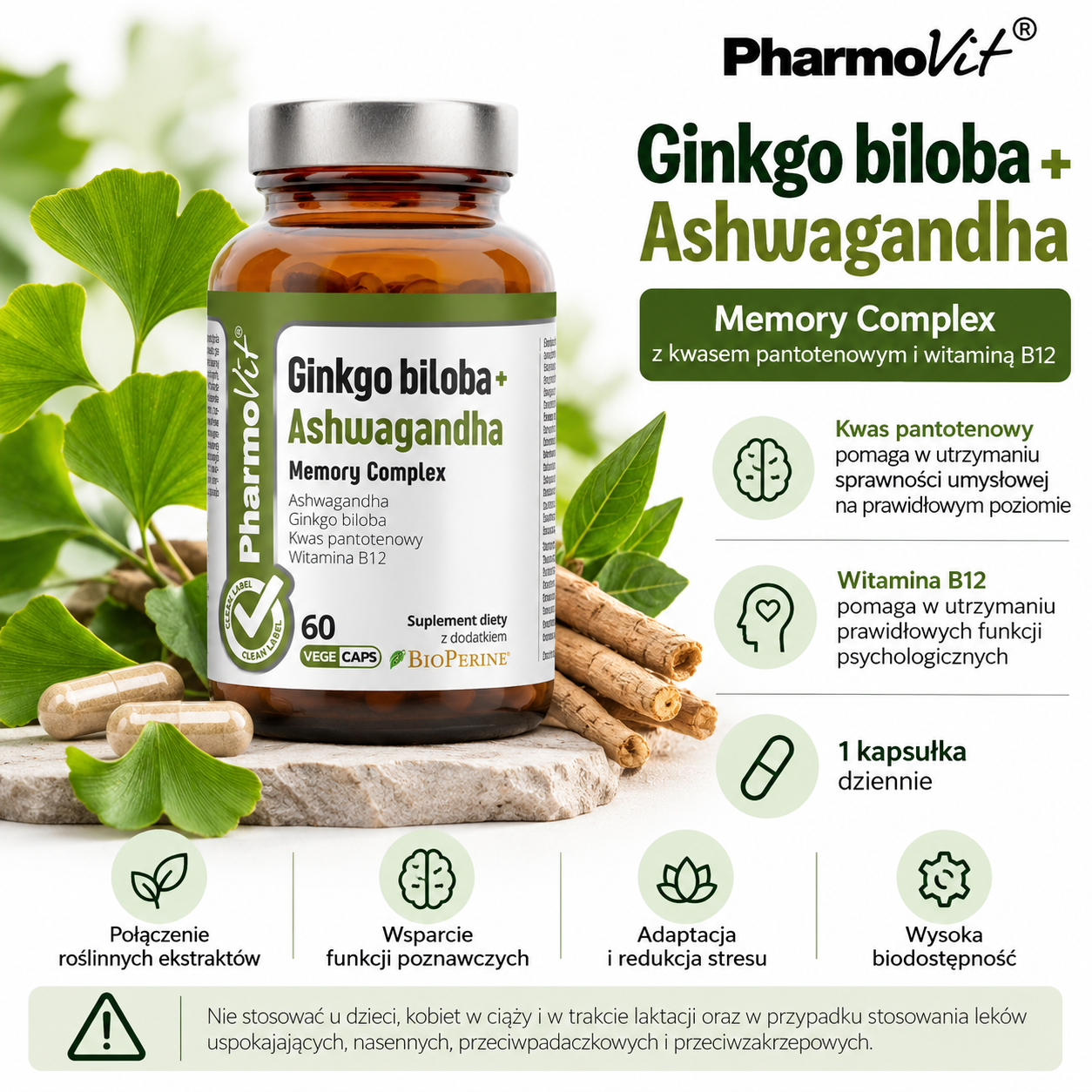 PharmoVit Ginkgo biloba + Ashwagandha Memory Complex – suplement diety, 60 kapsułek wegańskich, z ekstraktami z ginkgo biloba i ashwagandhy oraz witaminami B5 i B12.