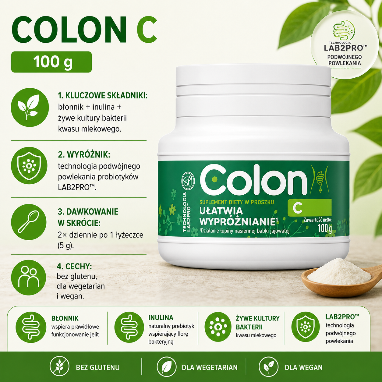 Colon C 100 g – suplement diety w proszku z błonnikiem, inuliną i żywymi kulturami bakterii kwasu mlekowego, z technologią LAB2PRO™, bez glutenu, odpowiedni dla wegetarian i wegan.