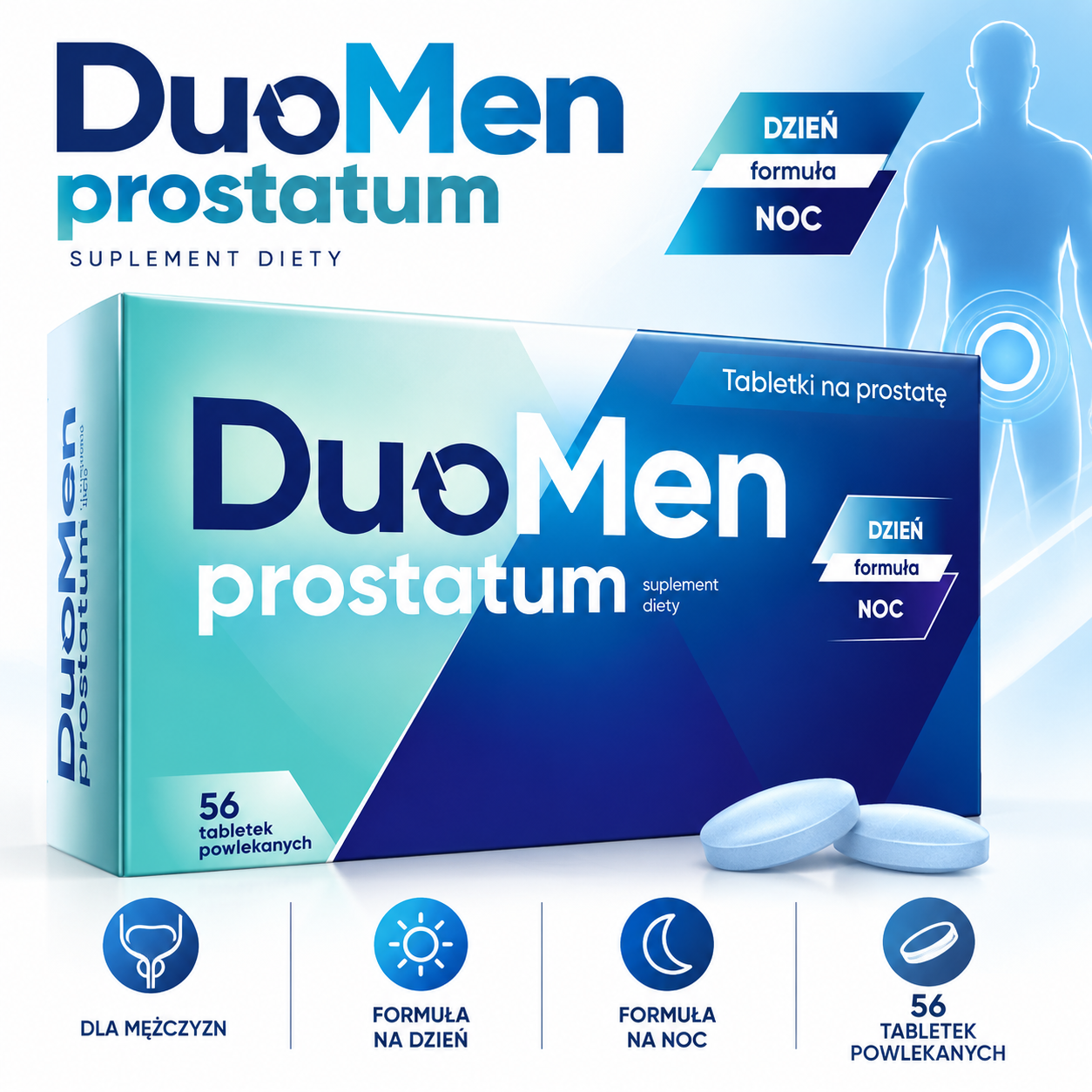 DuoMen Prostatum – suplement diety, 56 tabletek powlekanych, formuła dzień i noc dla mężczyzn.