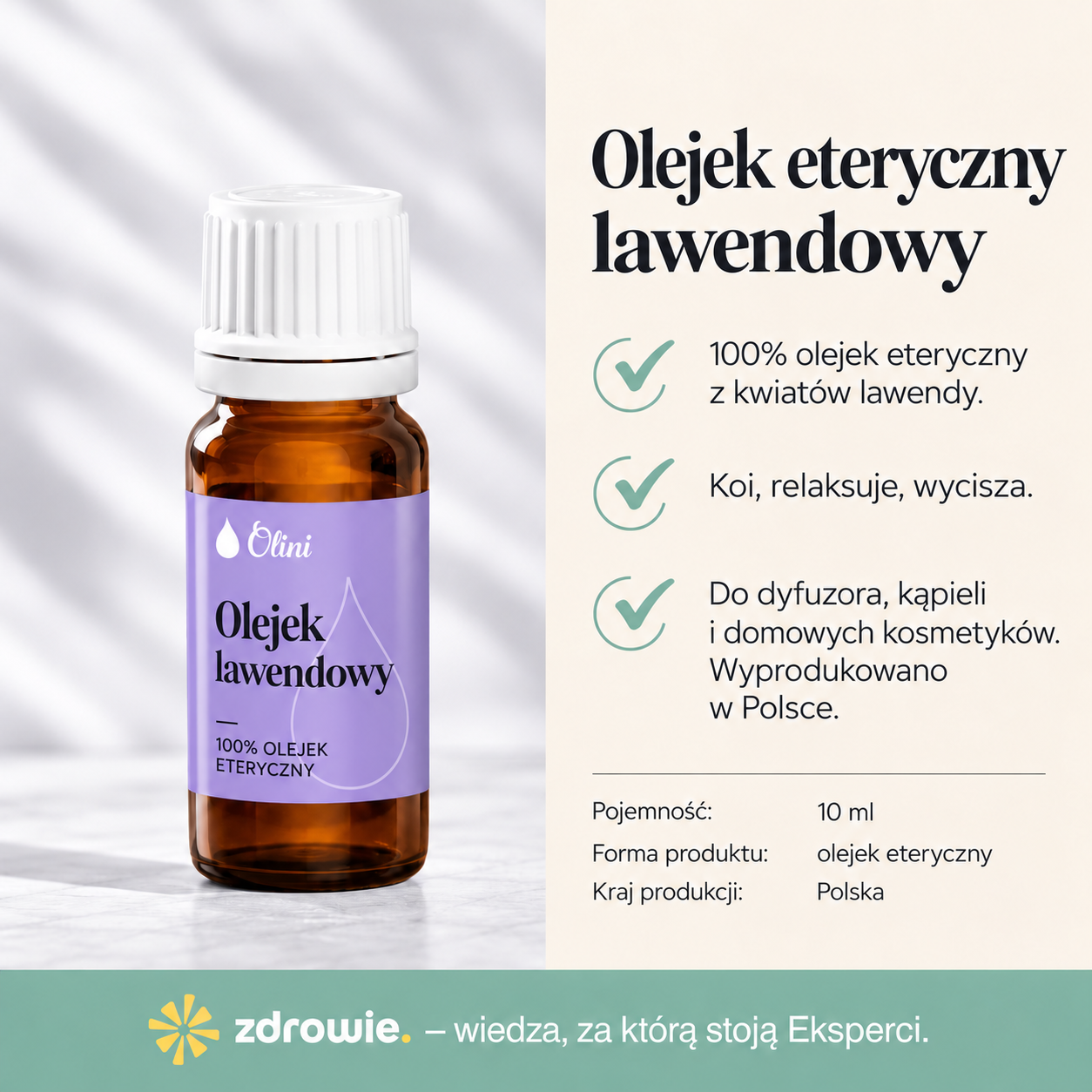 Alt: Grafika produktowa olejku eterycznego lawendowego Olini. Po lewej stronie znajduje się bursztynowa butelka z białą nakrętką i fioletową etykietą. Po prawej widoczne są informacje o olejku z kwiatów lawendy, jego ziołowo-kwiatowym aromacie oraz zastosowaniu. Na dole umieszczono specyfikację produktu i zielony pasek z logo zdrowie.