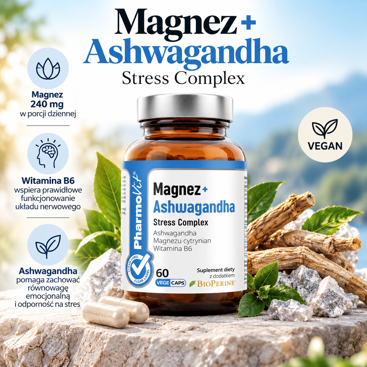 PharmoVit Magnez + Ashwagandha Stress Complex – suplement diety, 60 kapsułek wegańskich, z magnezem, witaminą B6 i ashwagandhą.