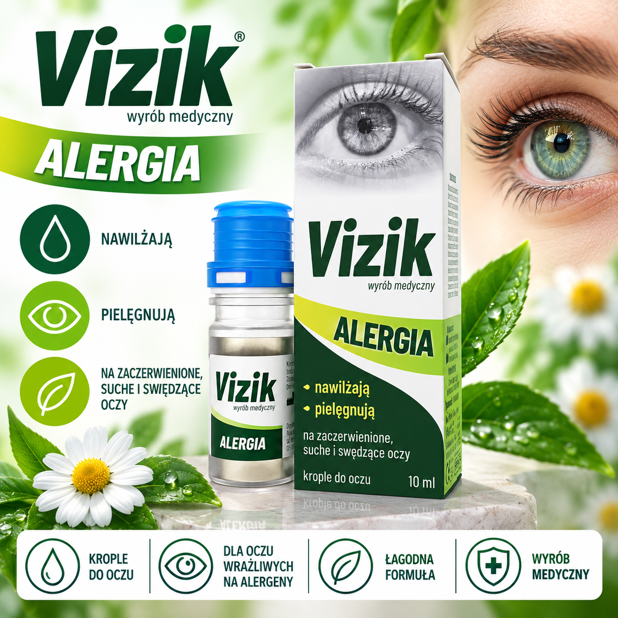 Vizik Alergia – wyrób medyczny, krople do oczu 10 ml, przeznaczone do nawilżania i pielęgnacji zaczerwienionych, suchych i swędzących oczu.