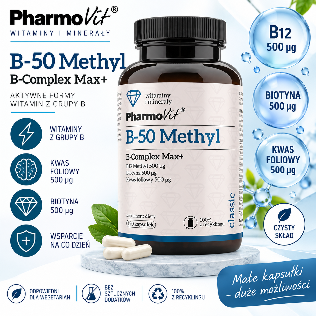PharmoVit B-50 Methyl B-Complex Max+ – suplement diety, 120 kapsułek, kompleks witamin z grupy B z witaminą B12, biotyną i kwasem foliowym.