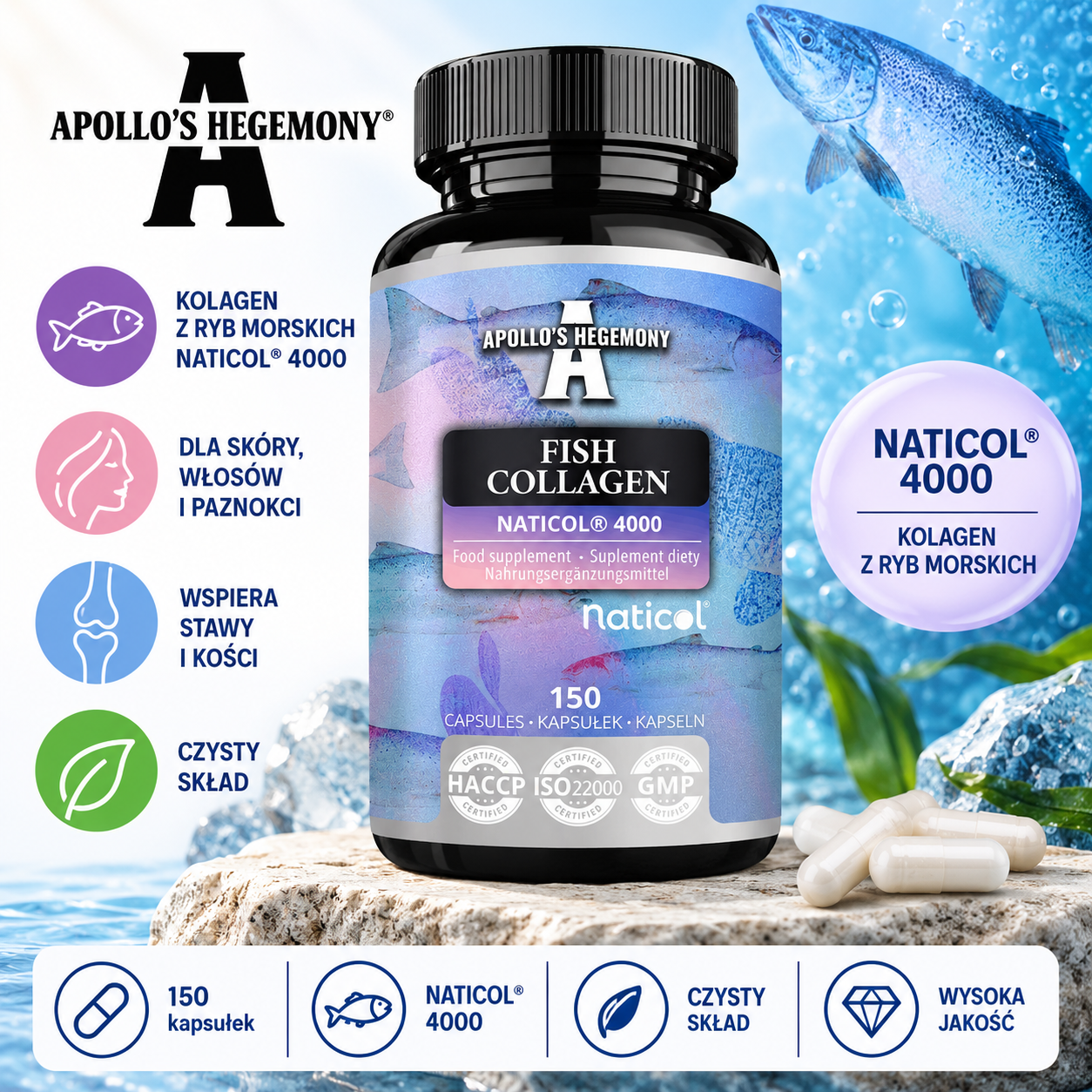 Apollo’s Hegemony Fish Collagen Naticol® 4000 – suplement diety, 150 kapsułek, zawierający kolagen z ryb morskich Naticol® 4000.