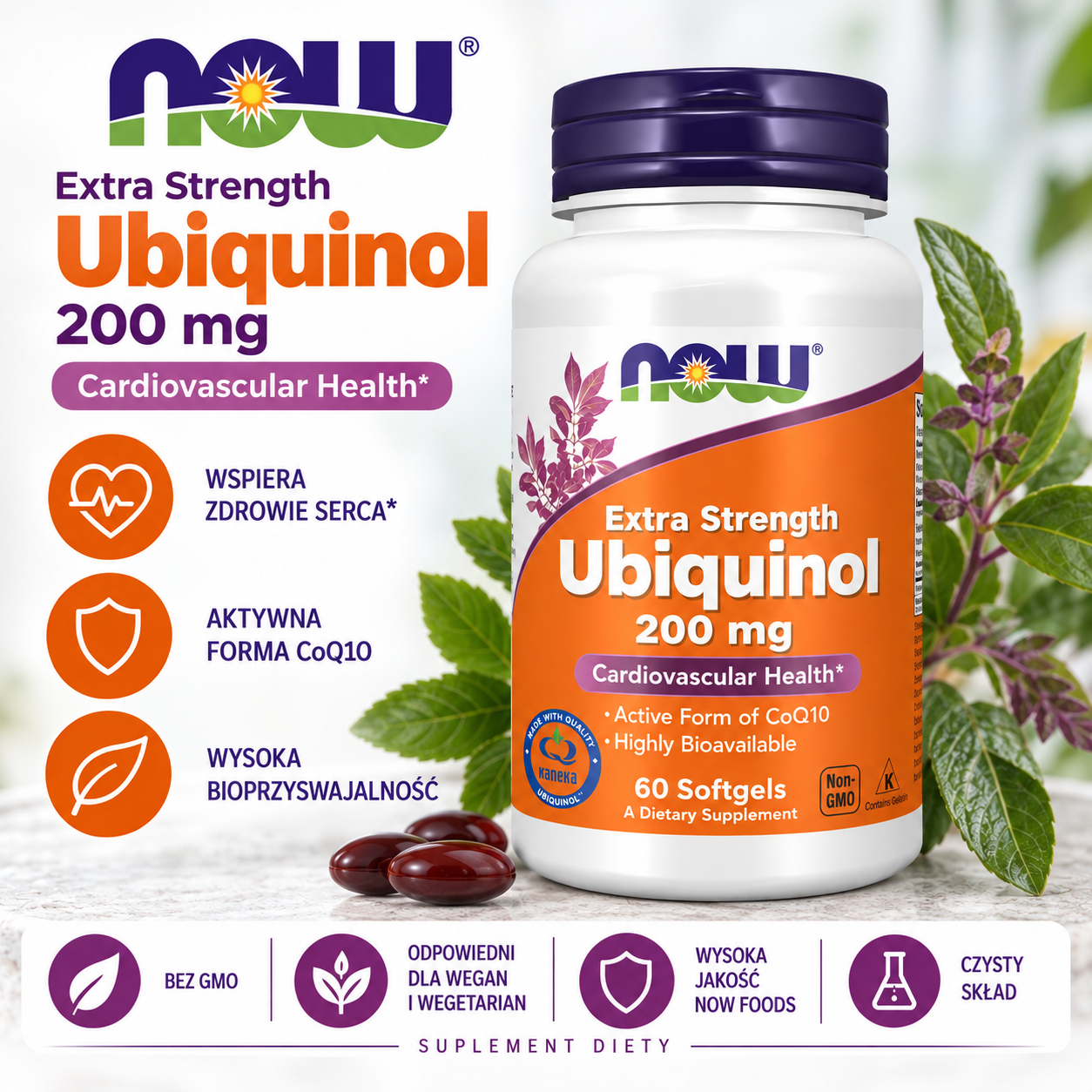 NOW Foods Ubiquinol Extra Strength 200 mg – suplement diety, 60 kapsułek softgel, zawierający aktywną formę koenzymu Q10 Kaneka Ubiquinol™.