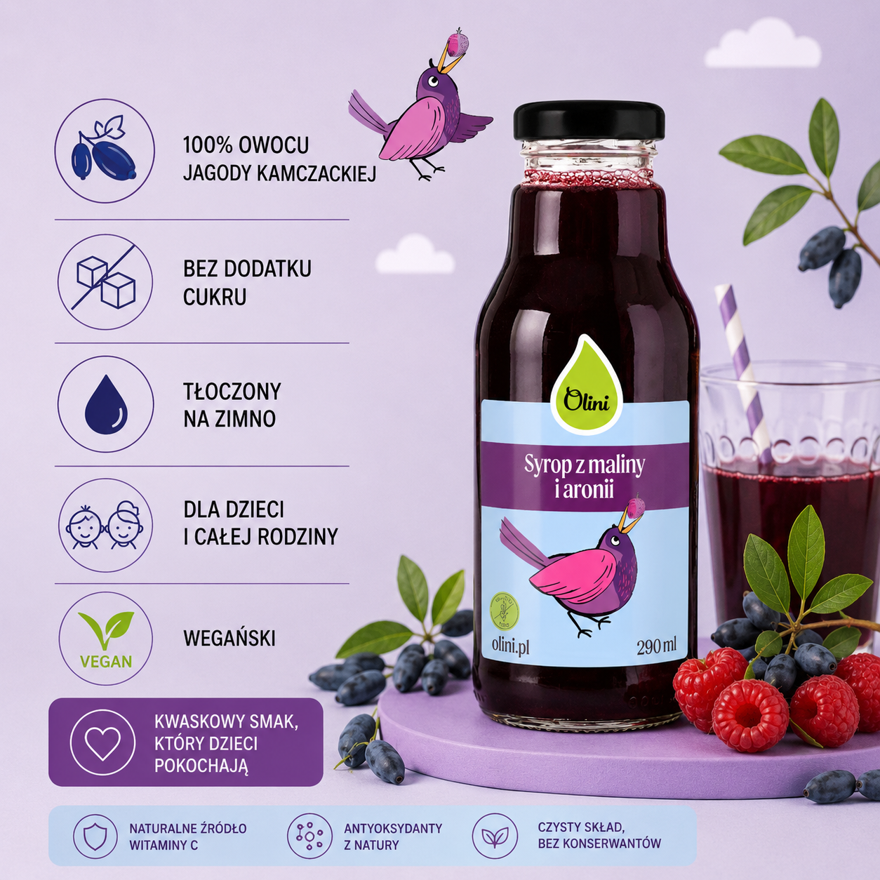 Sok z jagody kamczackiej Olini 290 ml dla dzieci – 100% owocu jagody kamczackiej, bez dodatku cukru, o kwaskowym smaku, w butelce z przyjazną dziecięcą etykietą.