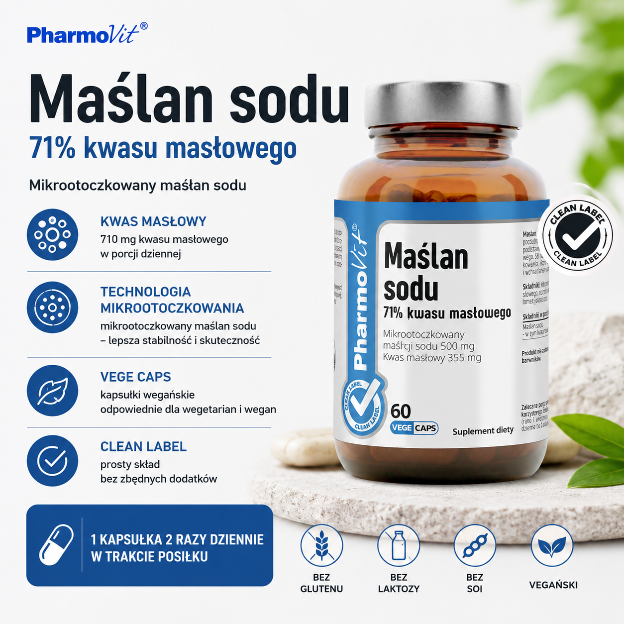 PharmoVit Maślan Sodu 71% kwasu masłowego – suplement diety, 60 kapsułek wegańskich, z 710 mg kwasu masłowego w porcji dziennej, mikrootoczkowany, clean label.