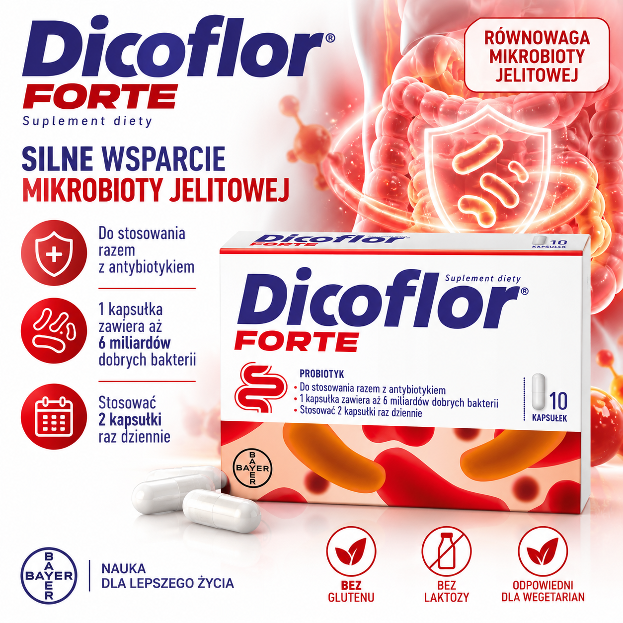 Dicoflor Forte – suplement diety, probiotyk, 10 kapsułek, zawierający 6 miliardów bakterii Lactobacillus rhamnosus GG w jednej kapsułce.