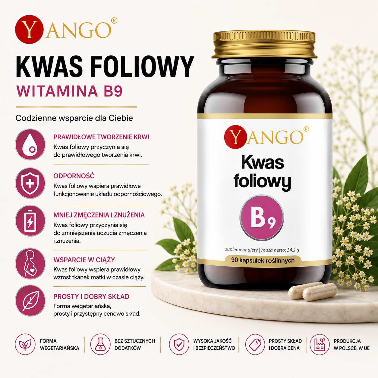 Kwas foliowy Witamina B9, 90 kapsułek roślinnych – suplement diety z kwasem foliowym wspierającym prawidłowe tworzenie krwi, odporność oraz zmniejszenie uczucia zmęczenia i znużenia.