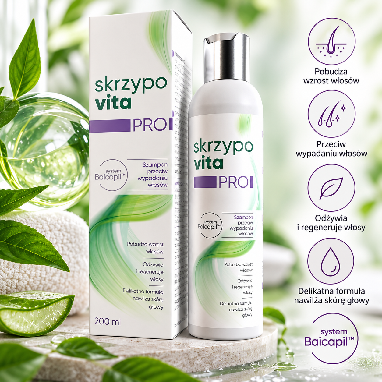Skrzypovita Pro – szampon przeciw wypadaniu włosów, 200 ml, z systemem Baicapil™, przeznaczony do pielęgnacji włosów i skóry głowy.
