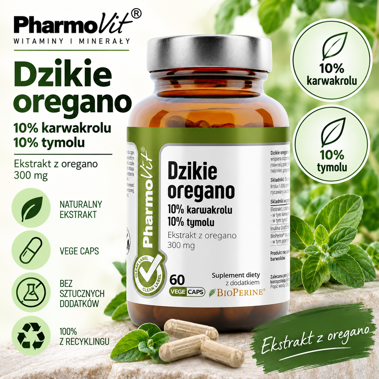 PharmoVit Dzikie oregano – suplement diety, 60 kapsułek wegańskich, zawierający 300 mg ekstraktu z oregano standaryzowanego na 10% karwakrolu i 10% tymolu.