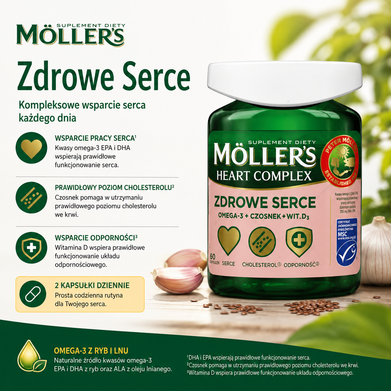 Möller’s Zdrowe Serce Heart Complex – suplement diety z kwasami omega-3 z ryb i lnu, czosnkiem oraz witaminą D3, wspierający prawidłowe funkcjonowanie serca, 60 kapsułek.