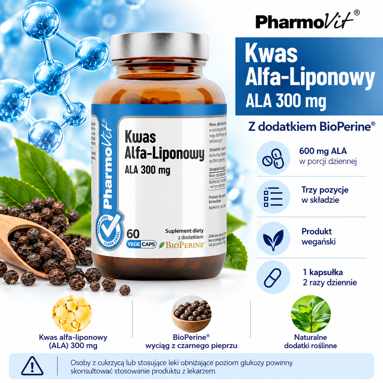 PharmoVit Kwas Alfa-Liponowy ALA 300 mg – suplement diety, 60 kapsułek wegańskich, zawierający kwas alfa-liponowy z dodatkiem BioPerine®.