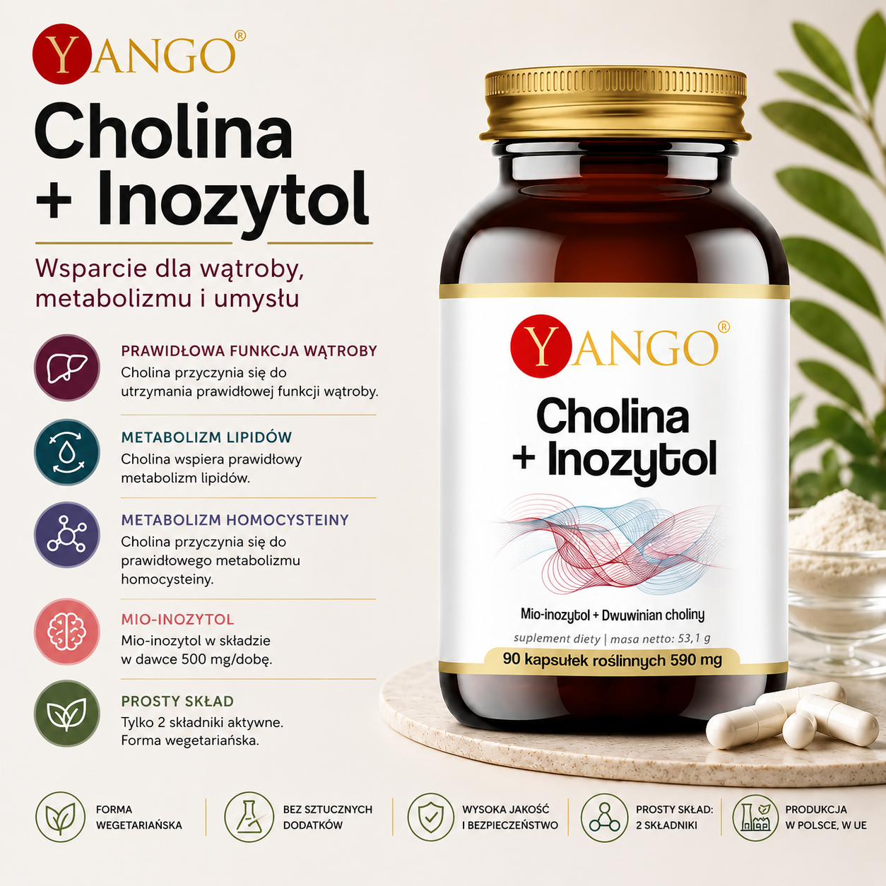 Butelka suplementu diety Yango Cholina + Inozytol z 90 kapsułkami, opisująca korzyści dla wątroby, metabolizmu i funkcji umysłowych.
