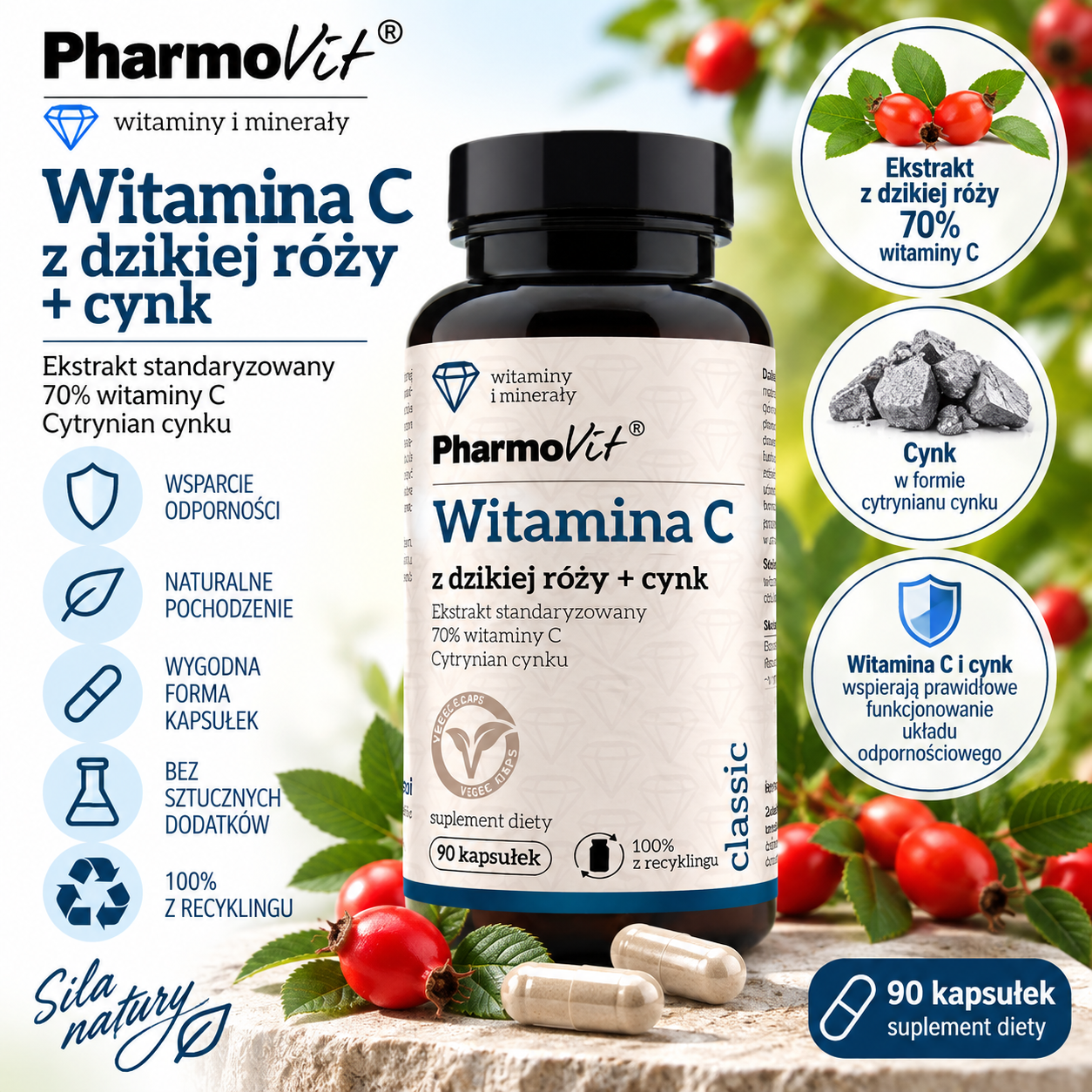 PharmoVit Witamina C z dzikiej róży + cynk – suplement diety, 90 kapsułek, ze standaryzowanym ekstraktem z dzikiej róży i cytrynianem cynku.