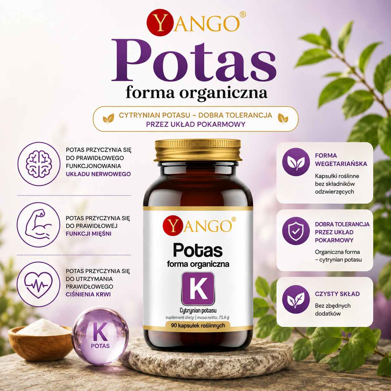 Potas forma organiczna – suplement diety z cytrynianem potasu, 90 kapsułek roślinnych, forma wegetariańska.