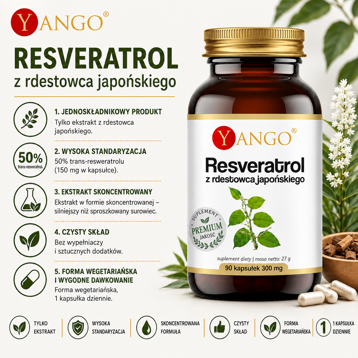 Resveratrol z rdestowca japońskiego – suplement diety, 90 kapsułek wegetariańskich, ekstrakt standaryzowany na 50% trans-resweratrolu, 150 mg w kapsułce.