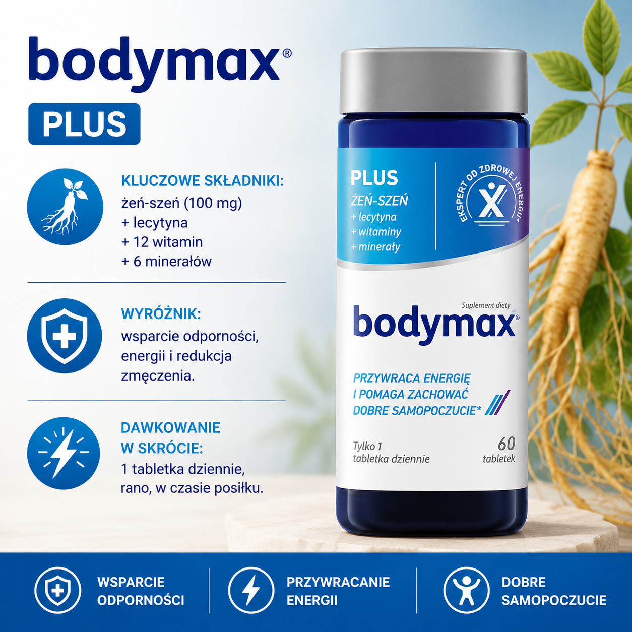 Bodymax Plus 60 tabletek – suplement diety z żeń-szeniem 100 mg, lecytyną, 12 witaminami i 6 minerałami, wspierający odporność, energię oraz redukcję uczucia zmęczenia.