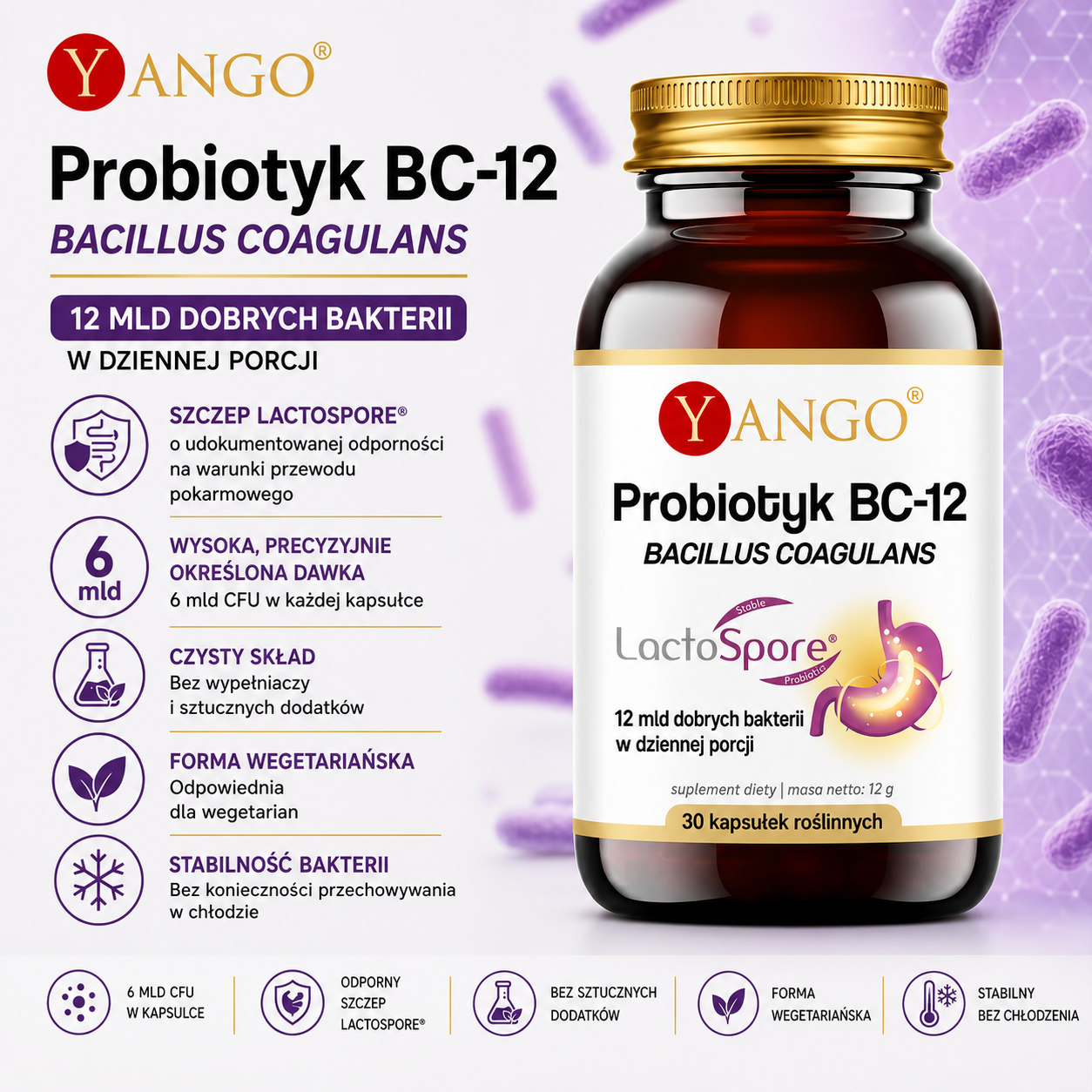 Probiotyk BC-12 Bacillus coagulans, 30 kapsułek roślinnych – suplement diety ze szczepem LactoSpore®, 6 mld CFU w kapsułce, formuła wegetariańska bez sztucznych dodatków, niewymagająca przechowywania w lodówce.