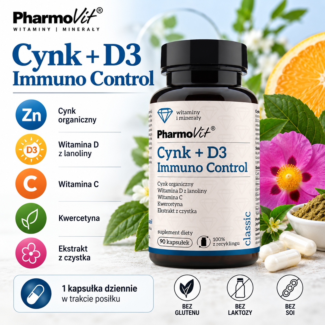 PharmoVit Cynk + D3 Immuno Control – suplement diety, 90 kapsułek, zawierający cynk, witaminy D i C, kwercetynę oraz ekstrakt z czystka.
