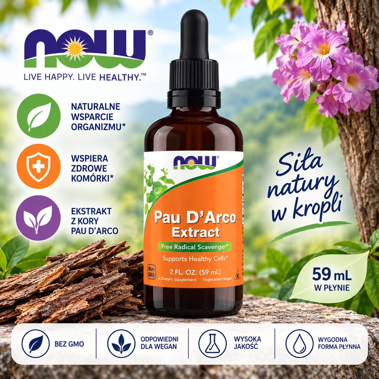 NOW Foods Pau D’Arco Extract – suplement diety w płynie, 59 ml, zawierający ekstrakt z kory Pau D’Arco, produkt wegański i bez GMO.