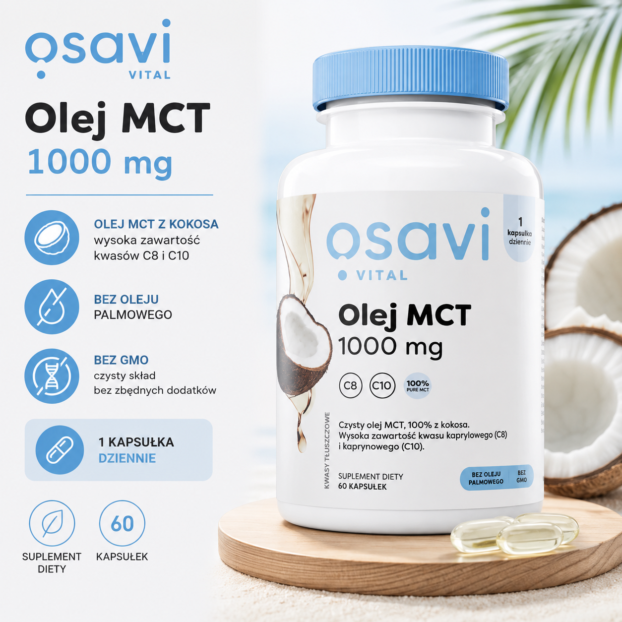 Olej MCT 1000 mg – suplement diety, 60 kapsułek, zawierający olej MCT z kokosa o wysokiej zawartości kwasów C8 i C10, bez oleju palmowego i GMO.