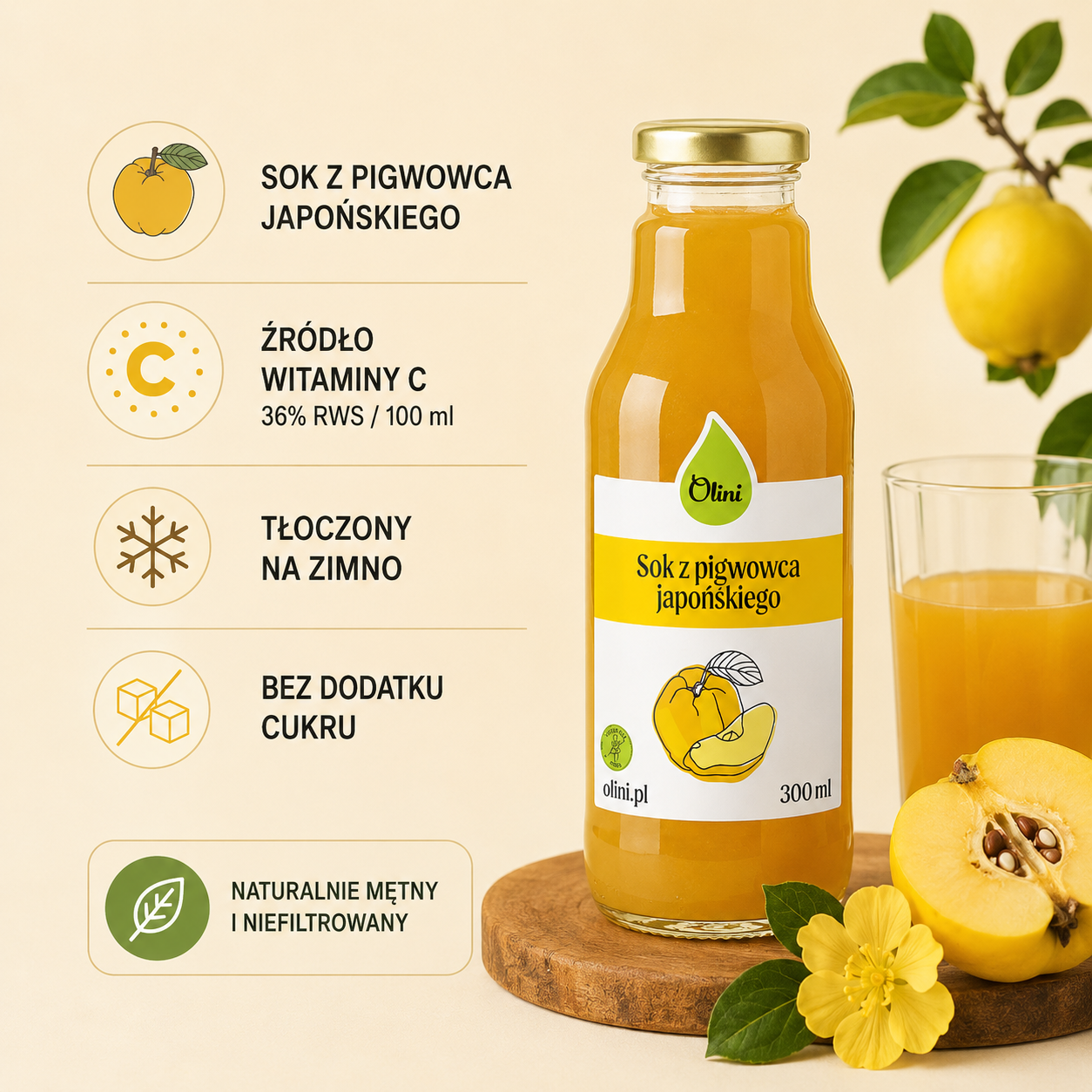 Sok z pigwowca japońskiego Olini 300 ml – tłoczony na zimno, bez dodatku cukru, źródło witaminy C dostarczające 36% RWS w 100 ml.