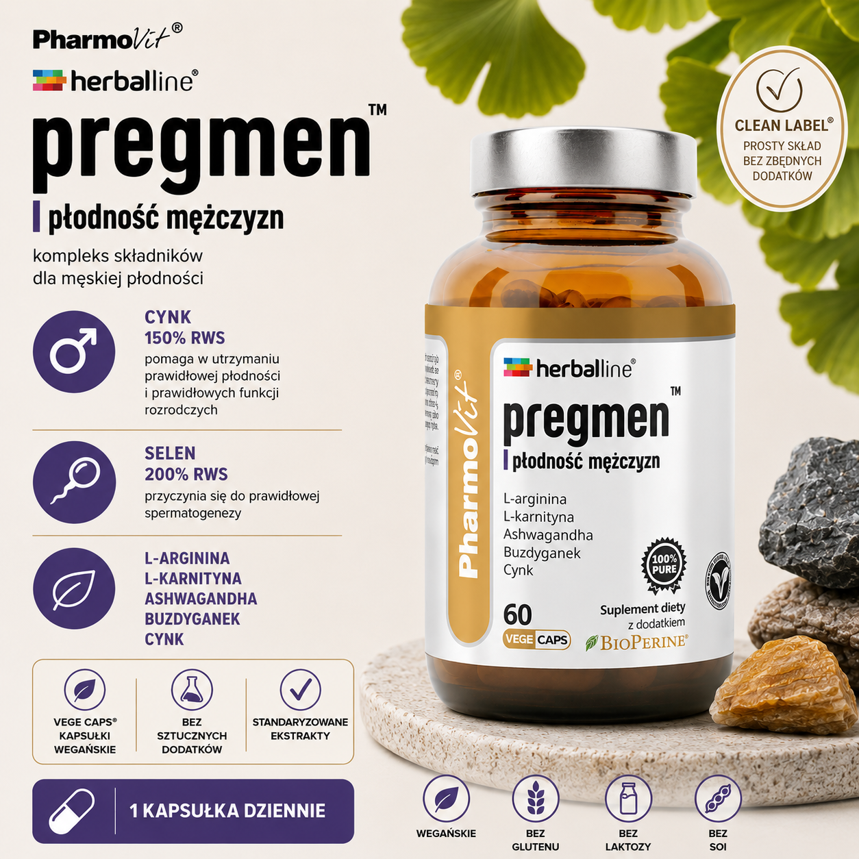 PharmoVit Herballine Pregmen™ Płodność Mężczyzn – suplement diety, 60 kapsułek wegańskich, z cynkiem, selenem, L-argininą, L-karnityną, ashwagandhą i buzdygankiem.