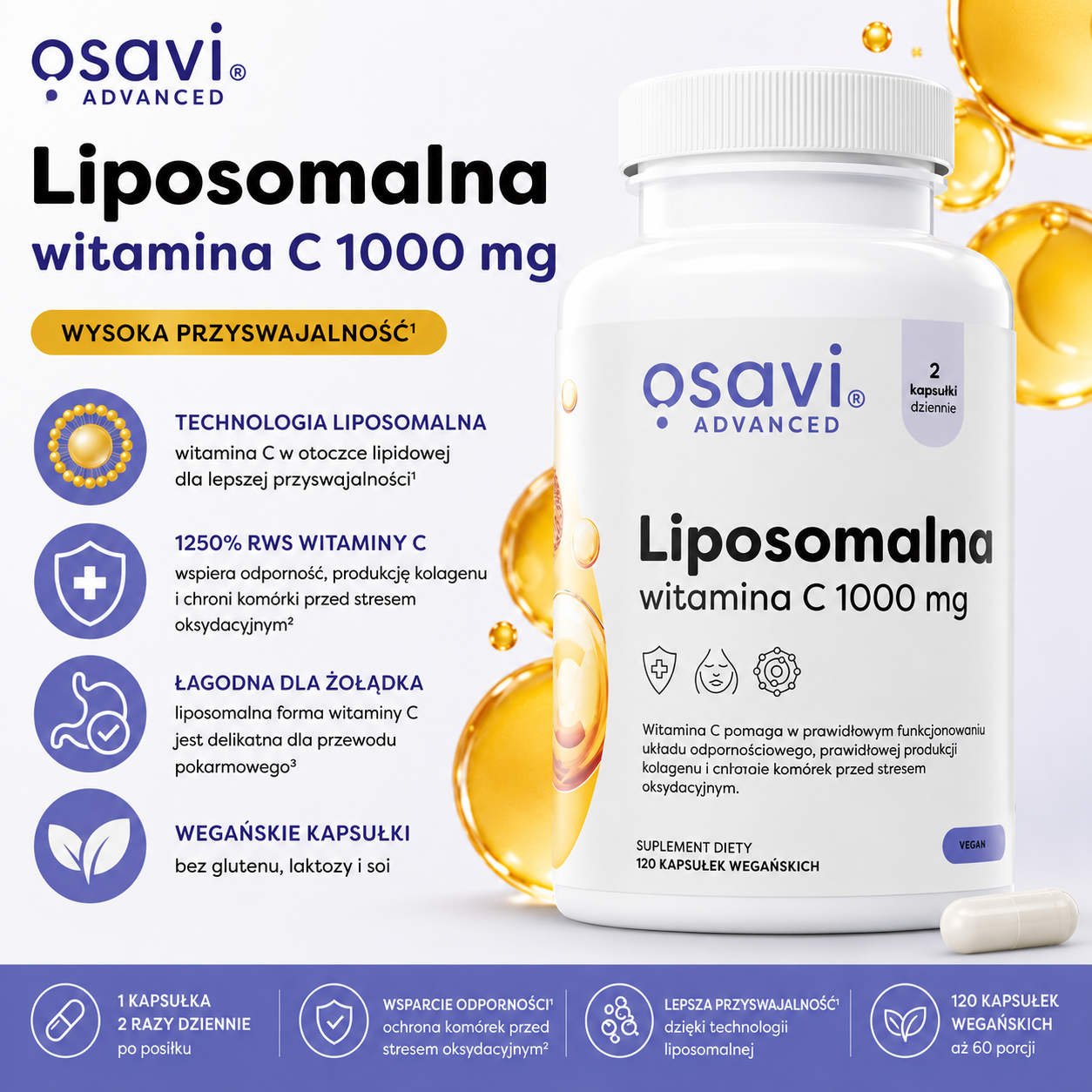 Osavi Advanced Liposomalna Witamina C 1000 mg – suplement diety, 120 kapsułek wegańskich, witamina C w technologii liposomalnej, bez glutenu, laktozy i soi.