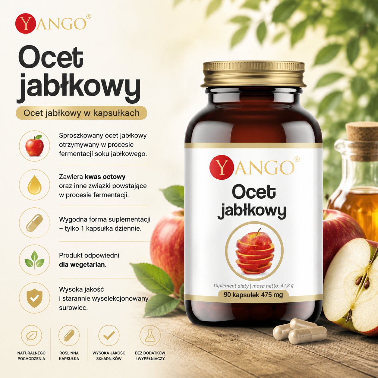 Butelka kapsułek z octem jabłkowym, otoczona jabłkami i liśćmi, wraz z opisem produktu i korzyściami zdrowotnymi na tle zieleni.