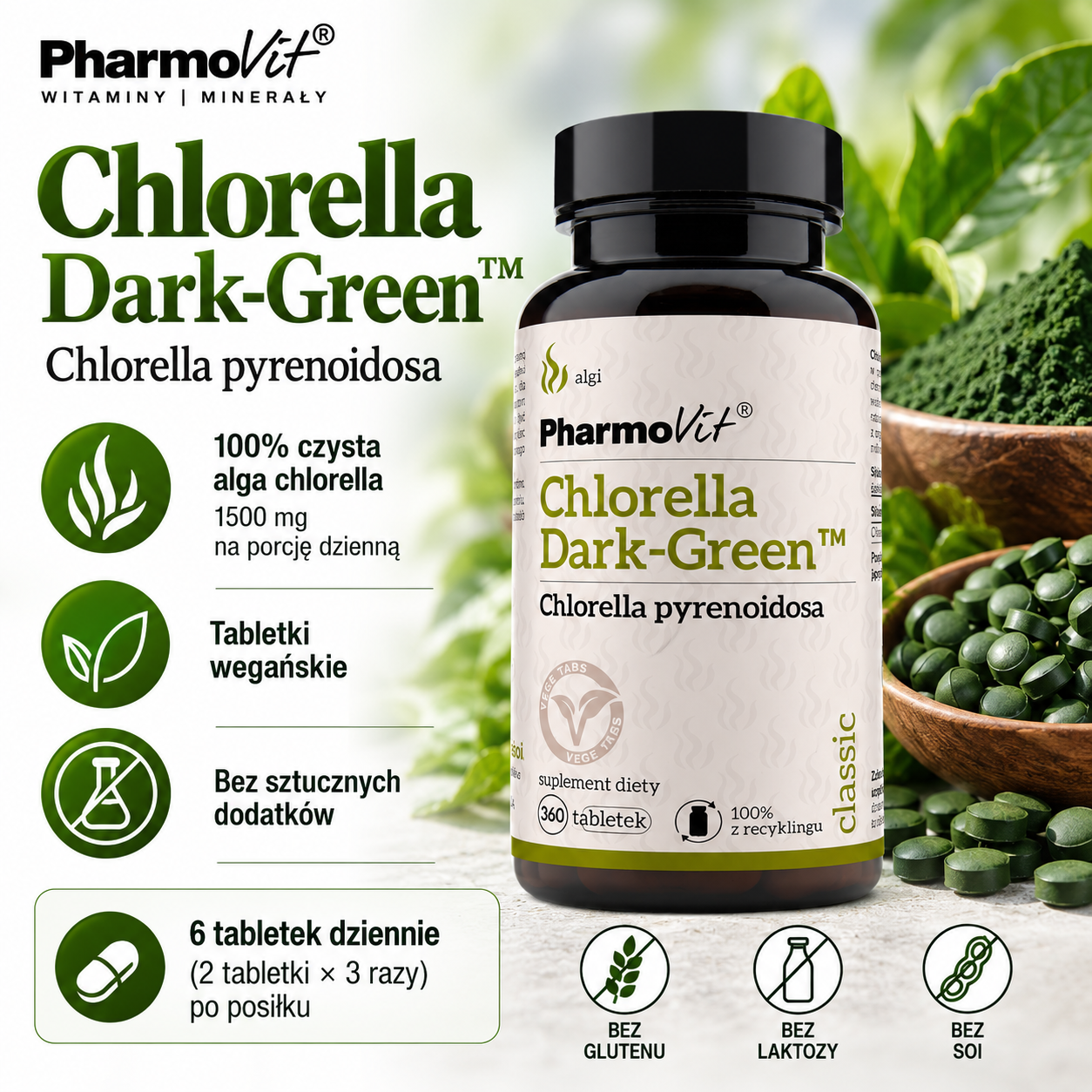 PharmoVit Chlorella Dark-Green™ – suplement diety, 360 tabletek wegańskich, zawierający 100% czystą algę chlorella, 1500 mg w porcji dziennej.