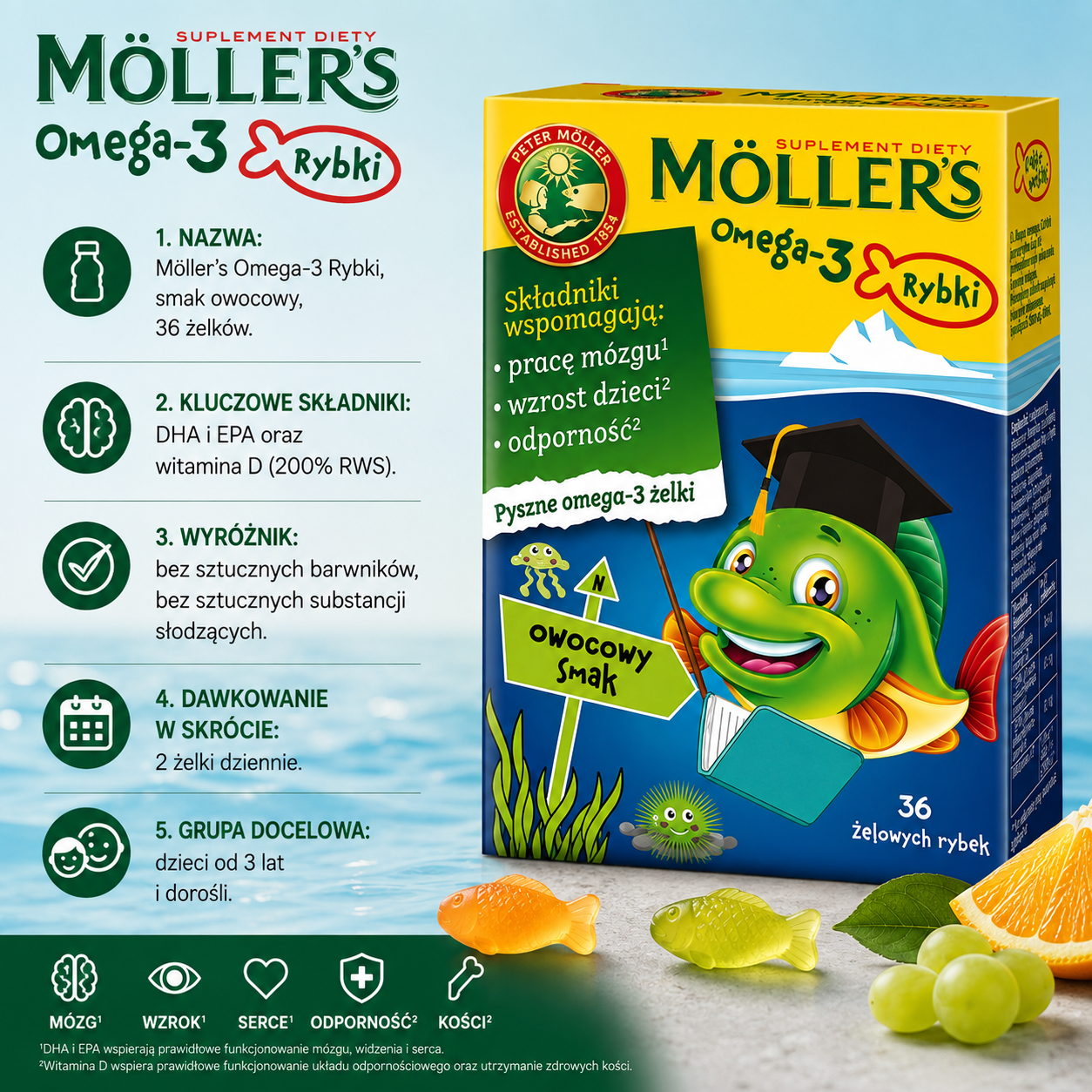 Möller's Omega-3 Rybki o smaku owocowym, 36 żelków – suplement diety z DHA, EPA i witaminą D, bez sztucznych barwników i substancji słodzących, dla dzieci od 3 lat i dorosłych.