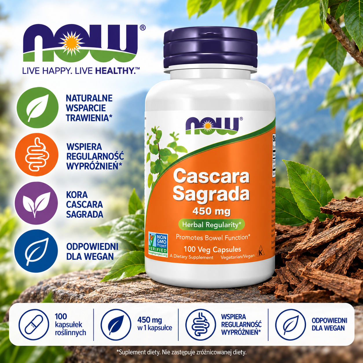 NOW Foods Cascara Sagrada 450 mg – suplement diety, 100 kapsułek roślinnych, zawierający korę cascara sagrada, odpowiedni dla wegan.
