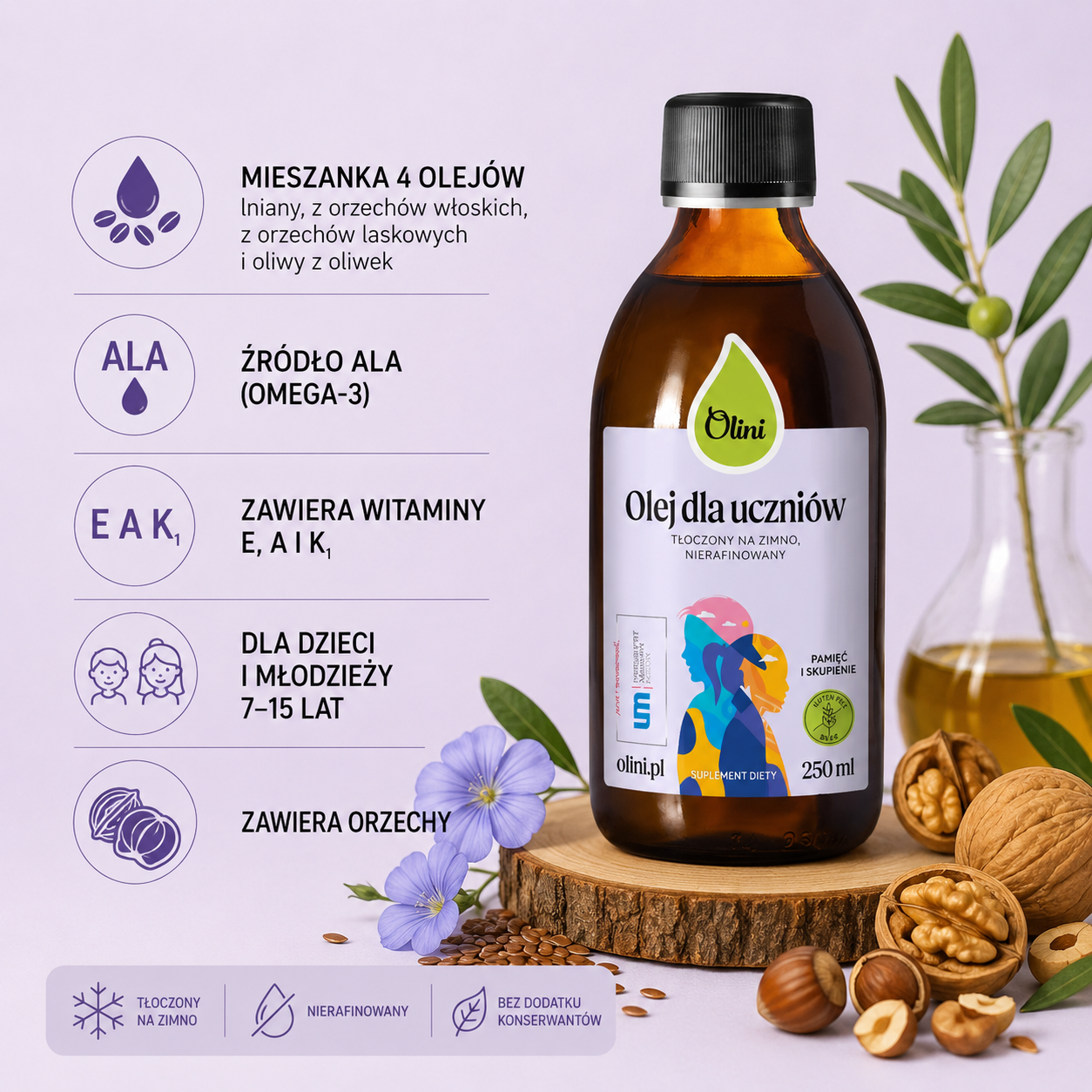 Olej dla uczniów Olini 250 ml – mieszanka oleju lnianego, z orzechów włoskich i laskowych oraz oliwy z oliwek, źródło ALA i witamin E, A i K1, dla dzieci i młodzieży 7–15 lat. Zawiera orzechy.