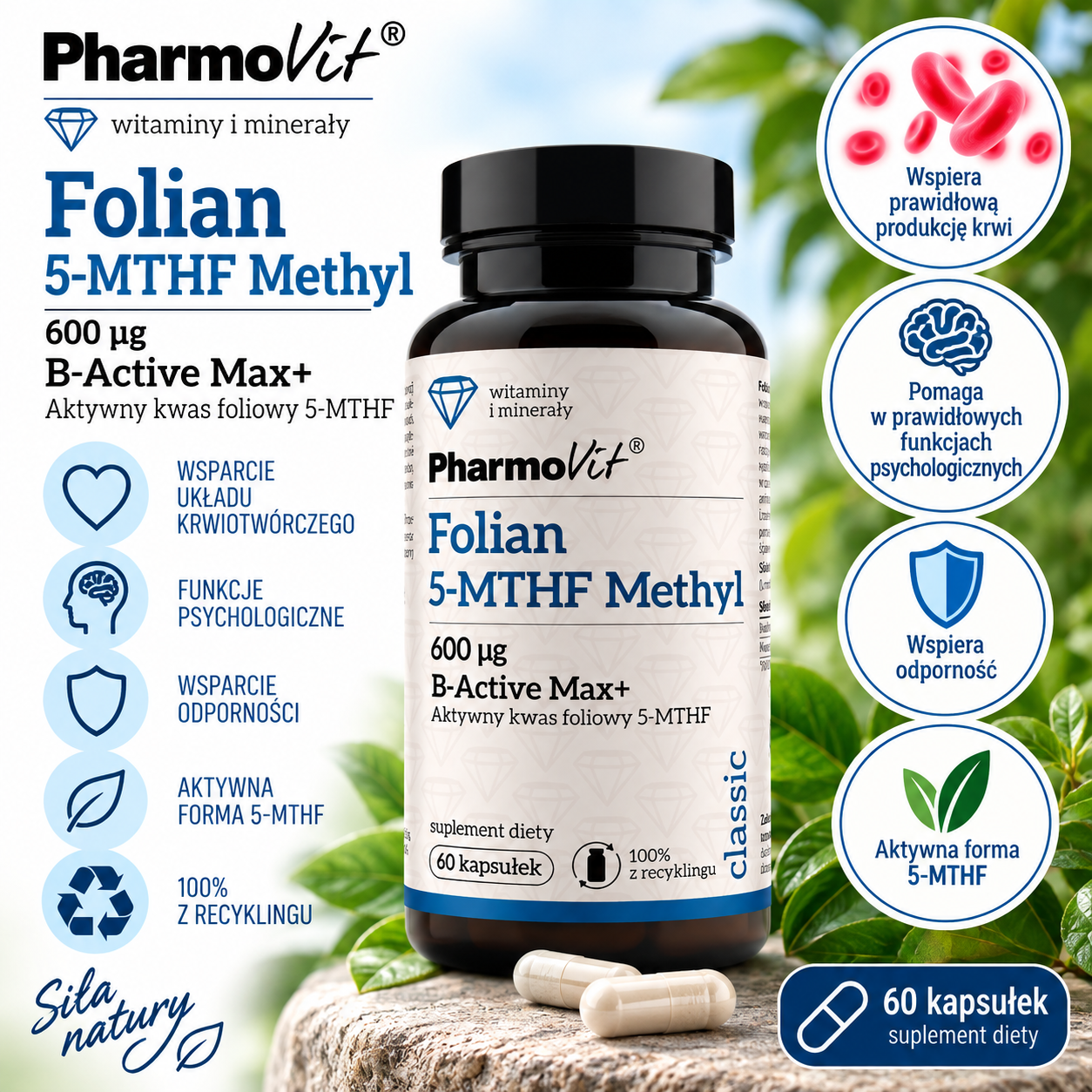 PharmoVit Folian 5-MTHF Methyl 600 µg B-Active Max+ – suplement diety, 60 kapsułek, zawierający aktywną formę kwasu foliowego 5-MTHF.