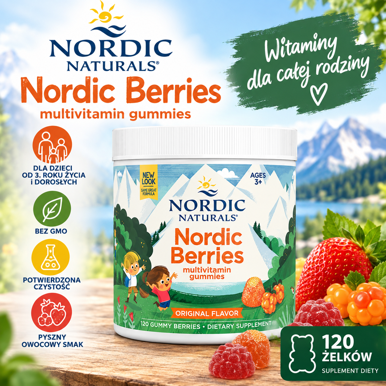 Nordic Naturals Nordic Berries – multiwitaminowy suplement diety w formie żelków o owocowym smaku, 120 żelków, dla dzieci od 3. roku życia i dorosłych.