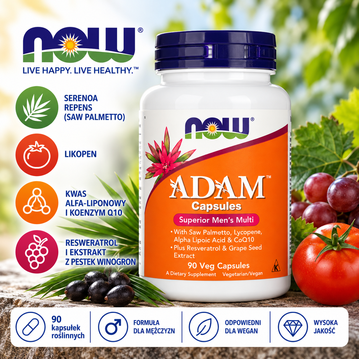 NOW Foods ADAM – multiwitamina dla mężczyzn, 90 kapsułek roślinnych, z palmą sabałową, likopenem, kwasem alfa-liponowym, koenzymem Q10 i resweratrolem.