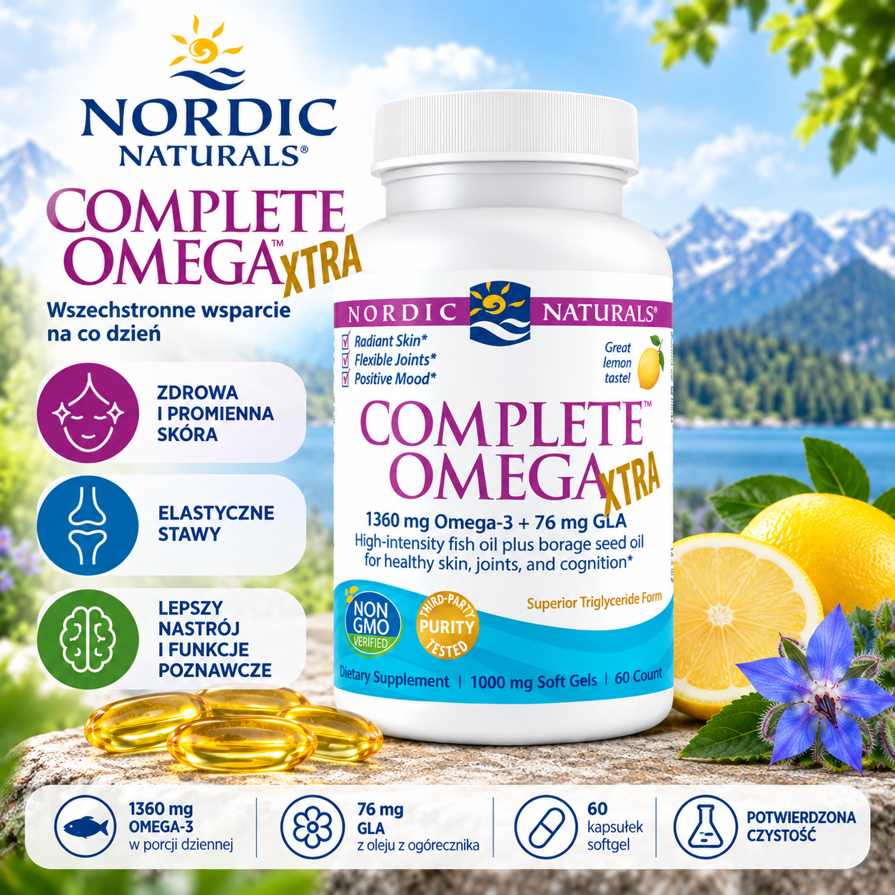 Nordic Naturals Complete Omega Xtra – suplement diety, 60 kapsułek softgel, zawierający 1360 mg kwasów omega-3 oraz 76 mg GLA w porcji.