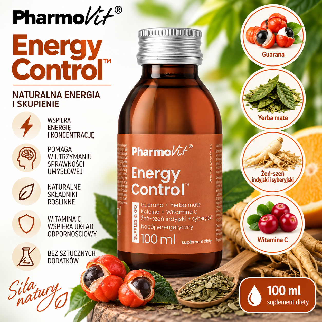PharmoVit Energy Control – suplement diety w płynie, 100 ml, zawierający guaranę, yerba mate, kofeinę, witaminę C oraz żeń-szeń indyjski i syberyjski.
