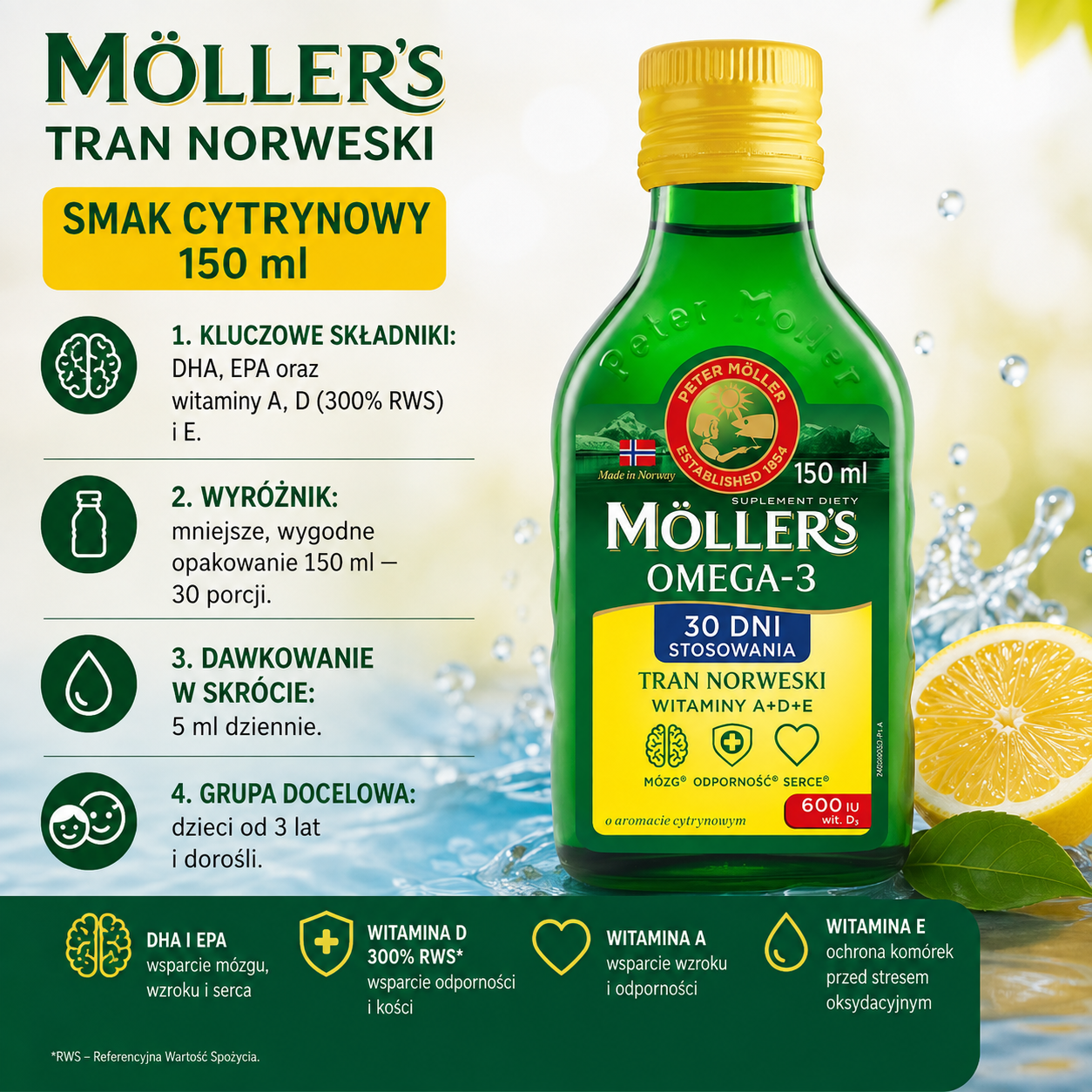Möller's Tran Norweski Omega-3 o smaku cytrynowym, 150 ml – suplement diety z DHA, EPA oraz witaminami A, D i E, dla dzieci od 3 lat i dorosłych.