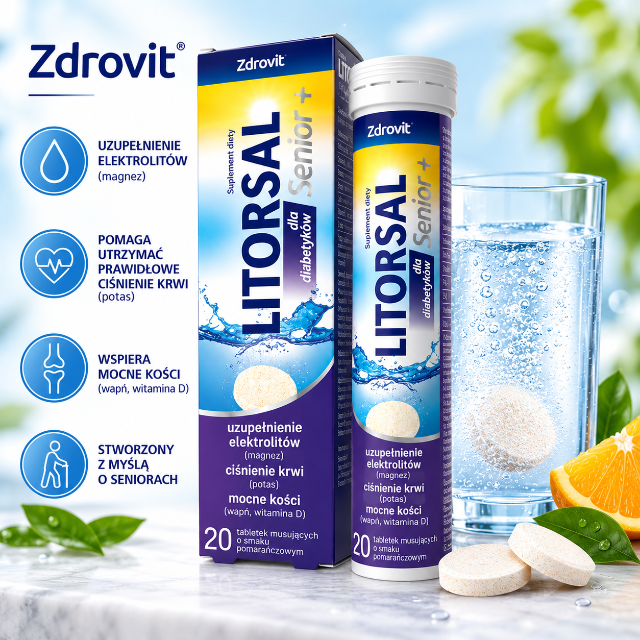 Zdrovit Litorsal Senior+ dla diabetyków – suplement diety, 20 tabletek musujących o smaku pomarańczowym, zawierający elektrolity, magnez, potas, wapń i witaminę D.