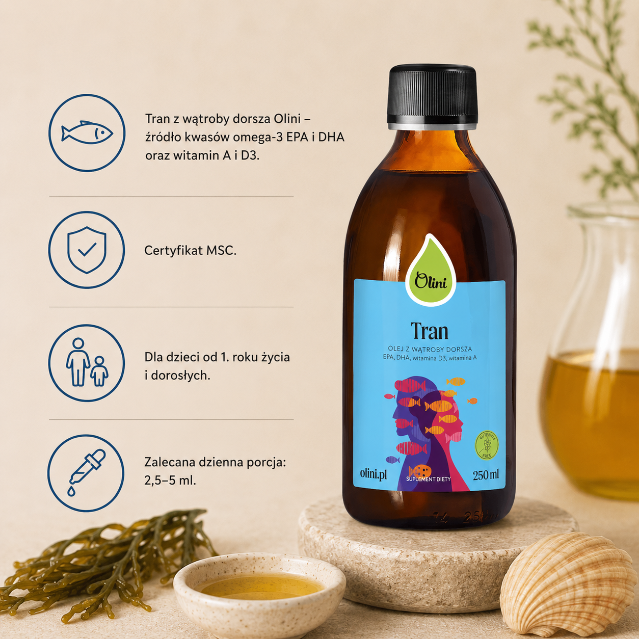 Tran z wątroby dorsza Olini 250 ml – suplement diety z kwasami omega-3 EPA i DHA oraz witaminami A i D3, dla dzieci od 1. roku życia i dorosłych.